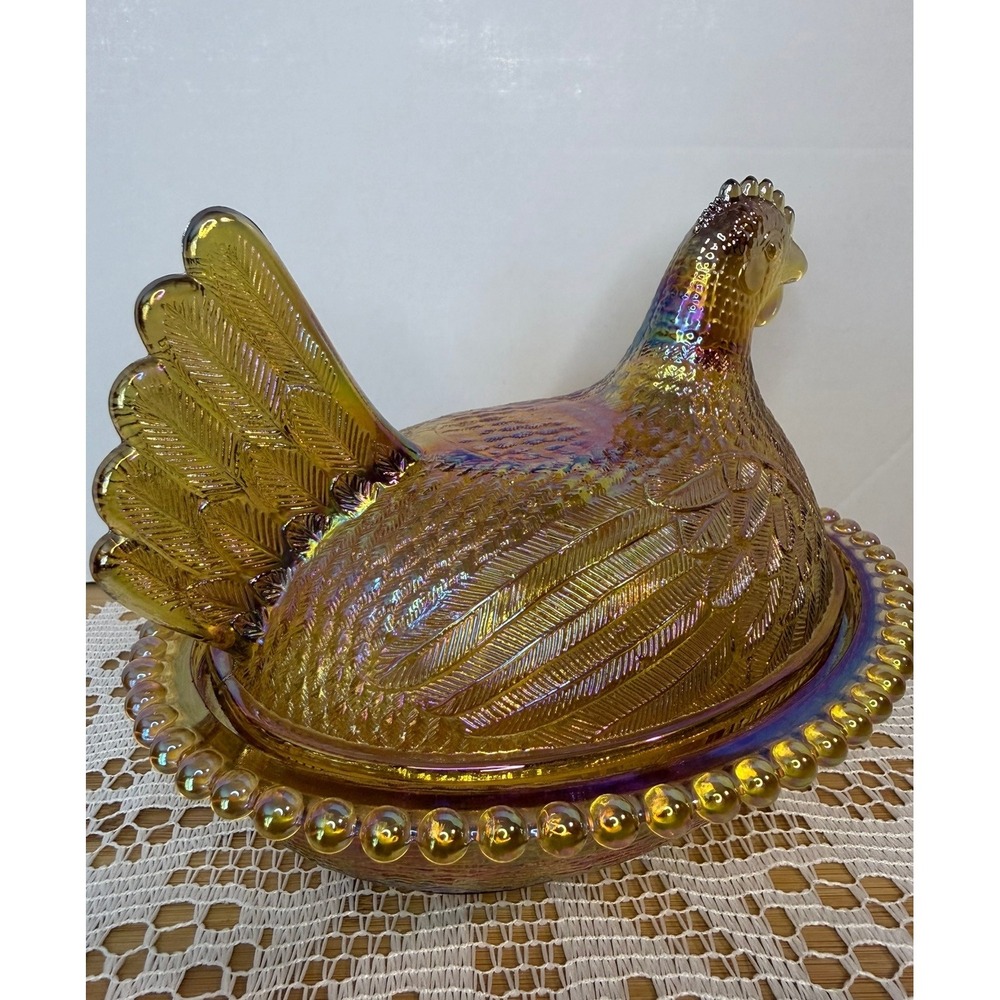 Indiana Glass Amber Carnival Glass Hen on Nest Beaded Candy Dish Vintage - Picture 16 of 16